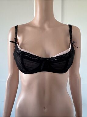 Nature Intimates Black Lace Mesh Balconette Underwire Bra with Pink Lining 34B